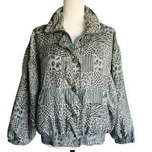 Vtg Stunt Petite Silk Bomber Jacket PM Green Animal‎ Print Moto 80s 90s Retro
